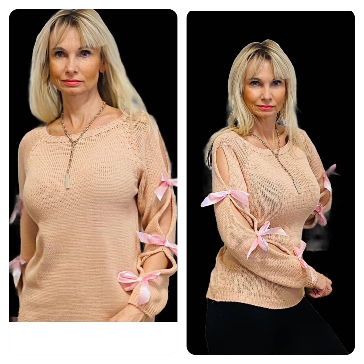 Růžový svetr s mašličkami na rukávech - S/M